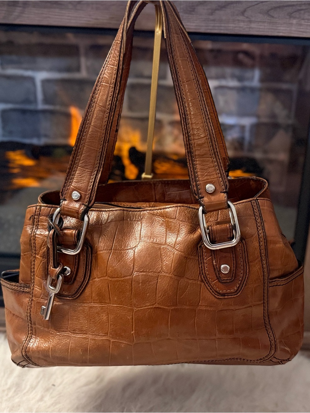 Vintage Fossil Croc-Embossed Tan Leather Shoulder Bag